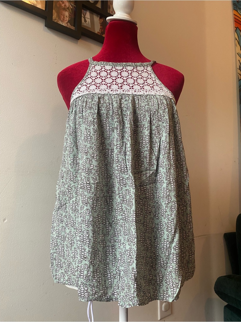 hazel White Crochet Yoke Mint Green Printed Halter Camisole
